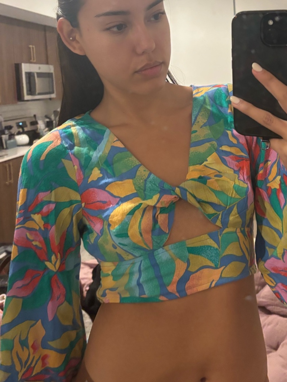 Roxy Teal Multi Tropical Knot-Front Crop Top